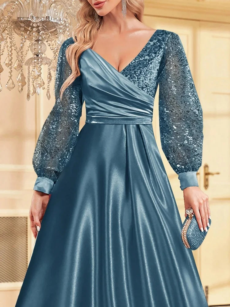 Luxury Blue V-Neck SequinS Evening Dress 2025 Elegant Women Party Maxi Dress Long Sleeve Cocktail Dress Prom Graduation Gowns