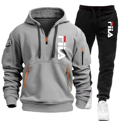 2026 Autumn and winter new men's multi pocket zipper hooded sports shirt+pants two-piece set, men's casual pullover sports set