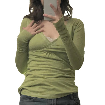 Women y2k Long Sleeve Bodycon T-Shirts Sexy V Neck Low-cut Solid Color Soft Slim Fit Tops Spring Fall Casual Going Out Tee Top