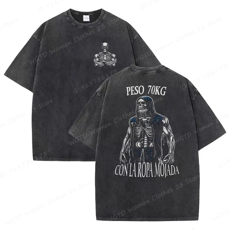 Calacas Chidas Gym Washed T-Shirts Men's Trendy Cool Skeleton & Gym Print Oversized Tshirt Summer Tees Streetwear Casual Tops