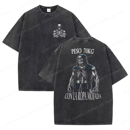 Calacas Chidas Gym Washed T-Shirts Men's Trendy Cool Skeleton & Gym Print Oversized Tshirt Summer Tees Streetwear Casual Tops