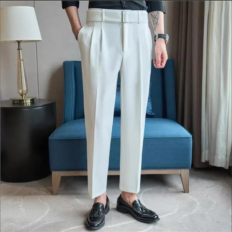Quality Male Boutique Men Formal Wear Wedding Dress Trousers Men Belt Design British Style Business Casual Slim Suits Pants 3XL