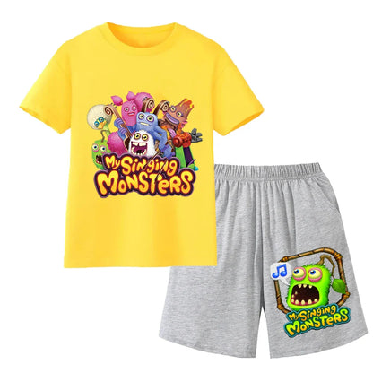 Summer Kids Cartoon Print Sport Clothing Suit Monsters Boys Casual Outfits Children Breathable T Shirt Pocket Shorts 2 Piece Set