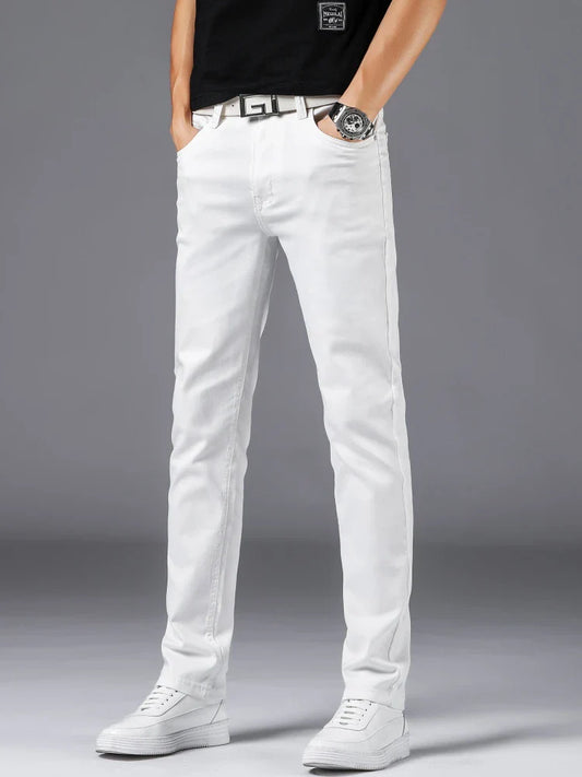 Spring Summer White Slim Fit Jeans Men Casual Thin Straight Leg Stretch Denim Pants Solid Color Streetwear Daily Wear Trousers