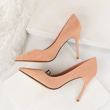 Women 9cm High Heels Pumps Stripper Flock Suede Plus Size Escarpins Lady Wedding Bridal Heels Escarpins Green Blue Yellow Shoes