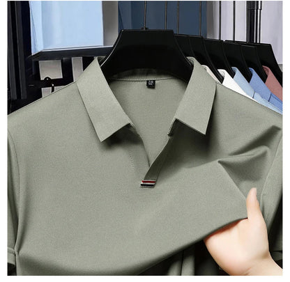 High quality brand solid color V-neck short sleeve polo shirt men summer fashion simple casual ice silk breathable lapel T-shirt