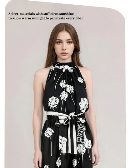 Women Fashion Sleeveless Tank Dress Summer Elegant Sundress Femmel Slim Waist Lace-Up Vintage Midi Dress