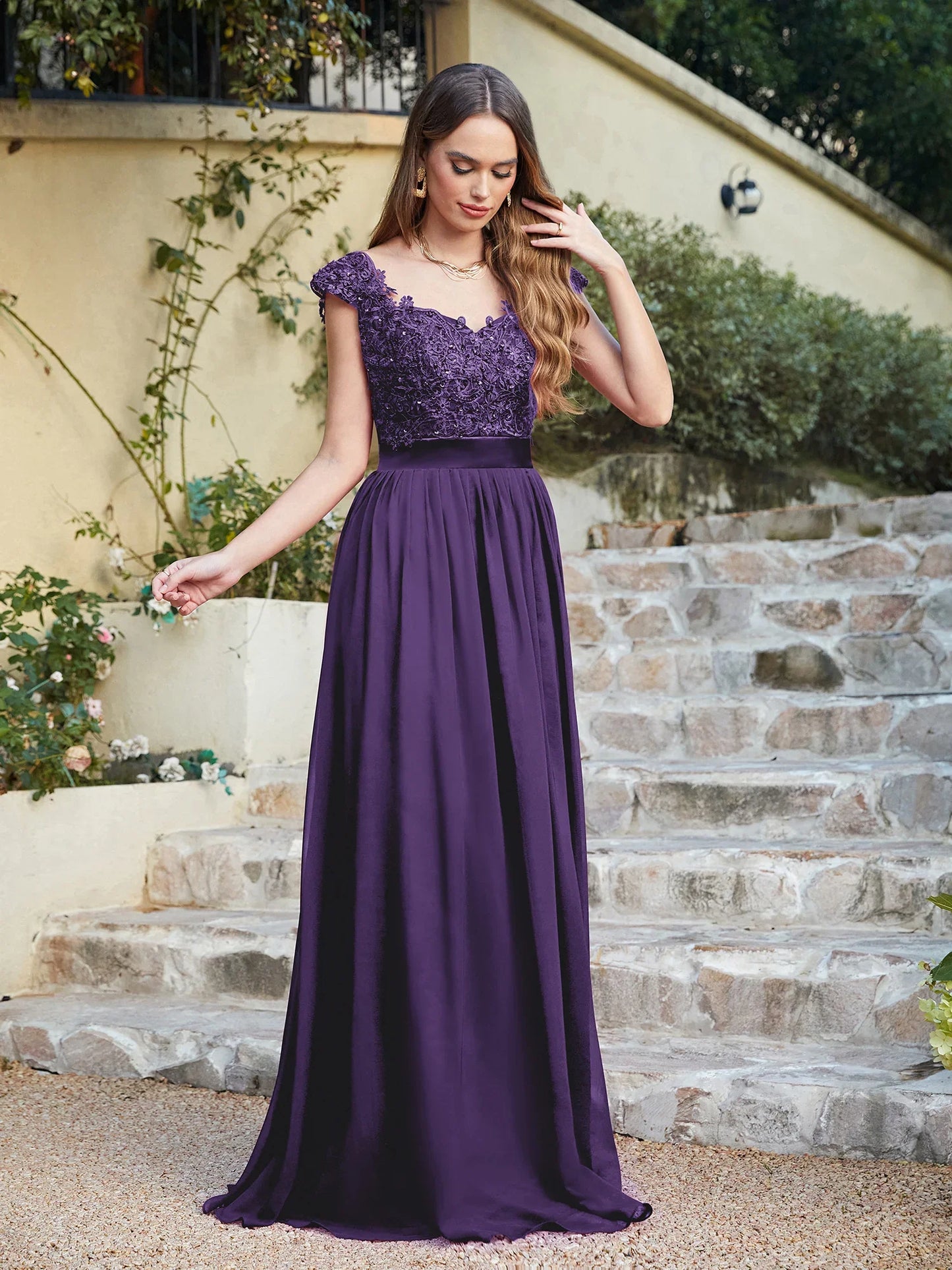 A-line V Neck Sleeveless Floral Lace Chiffon Back Hollow Long Paty Bridesmaid Dress Women 2024 For Wedding Sexy Evening Dress