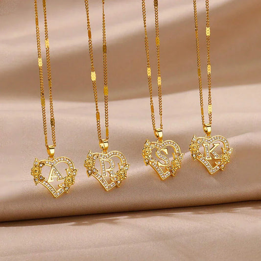 Heart Initial Letter Necklaces For Women Gold Color Stainless Steel Chain A-Z Alphabet Pendant Necklace Birthday Jewelry Gift