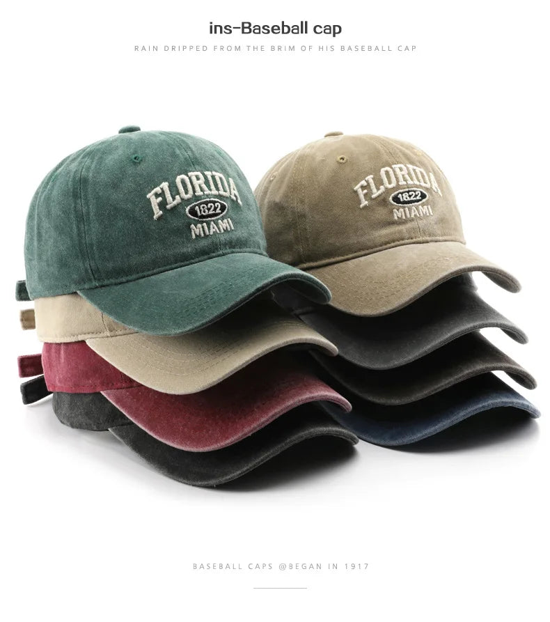 Vintage Washed Cowboy Baseball Cap for Men Women FLORIDA Embroidery Sun Cap Casual Snapback Hip Hop Hat Curved Brim Soft Top Hat