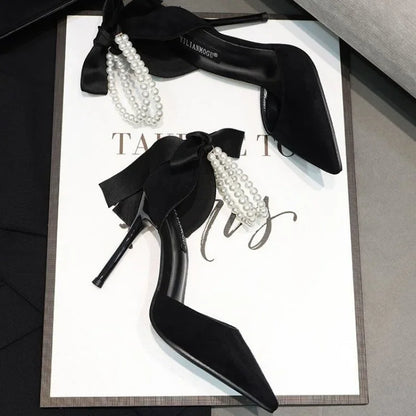 Black Women's Pumps   Summer New Brand Design String Bead Pearls Wedding Bridal High Heels Sexy Pointed Toe Party Dance Shoes
