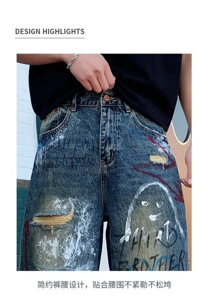New street graffiti ripped painted jeans for men, straight-leg, loose, wide-leg, trendy brand, stylish high-end
