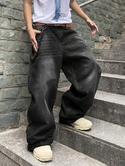 1Pc Men's Daily Travel Casual American Street Loose Jeans, Black, Light Blue, Sea Blue Fashion Street Style Retro Lantern Jeans Jeans Denim Pants