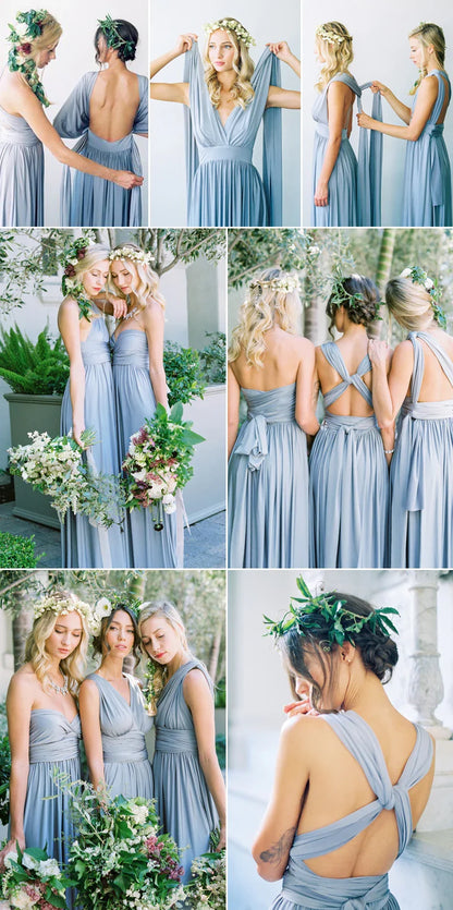 Vestidos de Madrinha Azul Acinzentado Vestido Infinito Multifuncional Costas Abertas Seda de Leite Casamento Noite Vestidos de Festa Vestidos de Festa