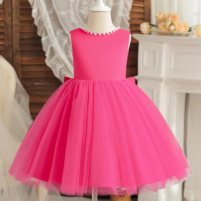 Princess Girl Bow Dress Kids Tulle Wedding Guest Party Birthday Pearls Elegant Bridesmaid Pageant Prom Ball Gown Gift