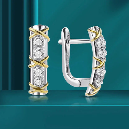 X-Shape Yellow Gold Cross Moissanite Diamond Hoop Earrings for Women 925 Sterling Silver Plated 18k Gold U-shaped Ear Buckle