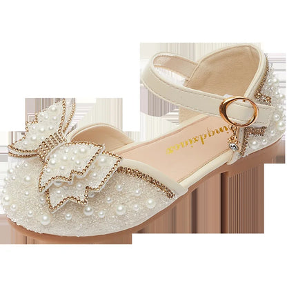 2026 New Summer Girls Sandals Cute Bow Pearl Sequins Kids Princess Shoes Flat Heels Dancing Shoes Size 21-36