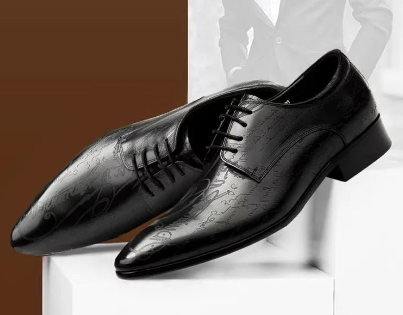 Stylish Letter-printed Men's Business Leather Shoes Korea Style Wedding Derby Shoes Lace-up Pointed Toe Dress Shoes Man Wine-red