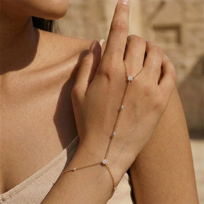 Dainty 5A Zircon Finger Ring Chain Bracelets Flower High Carbon Bracelet for Women Girl Adjustable s925 Silver Jewelry Gift