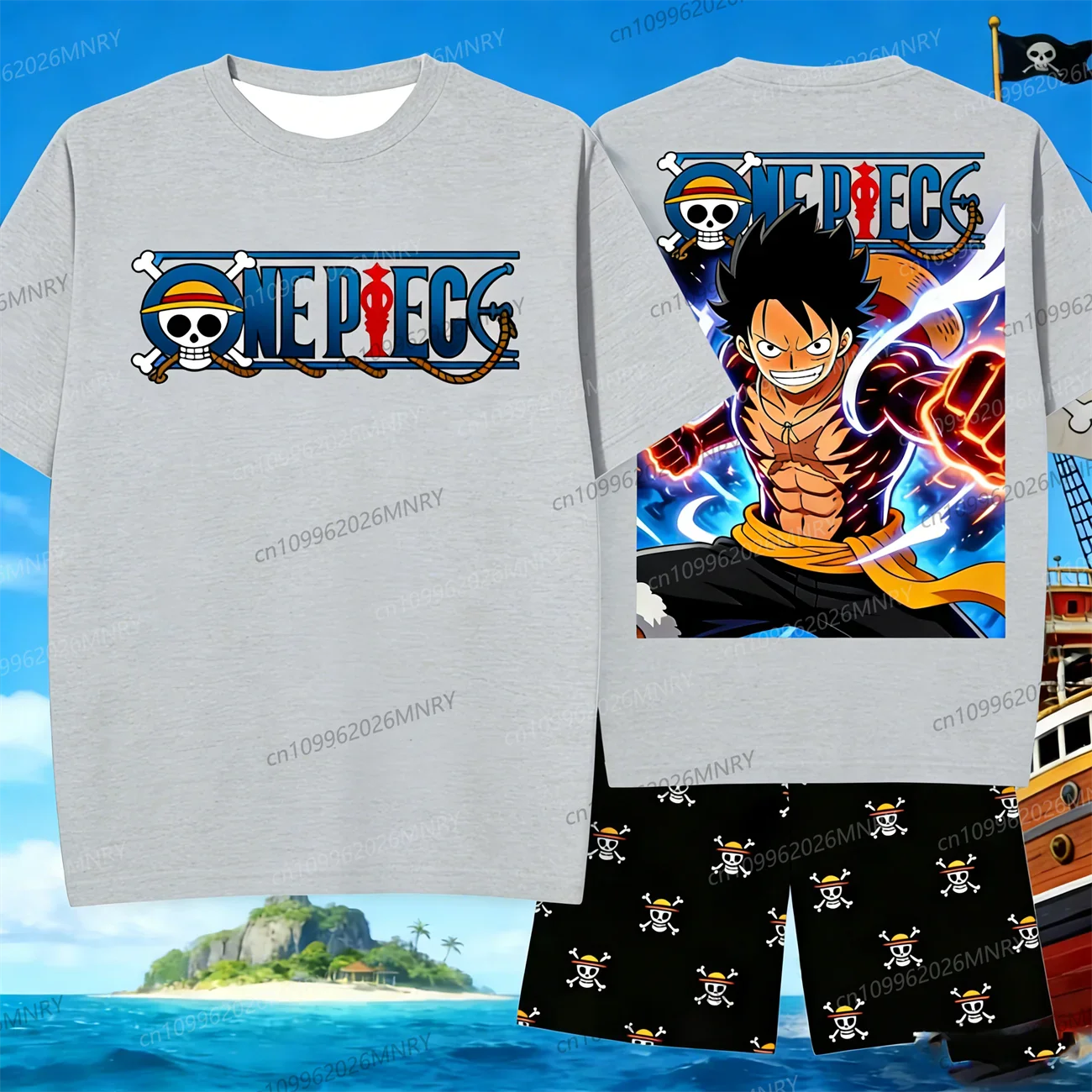 Anime Skull Character Sleepwear One Piece Luffy 2 piece Set men T-Shirt Shorts for Men's Shirts Woman t-shirts Summer Kids Set