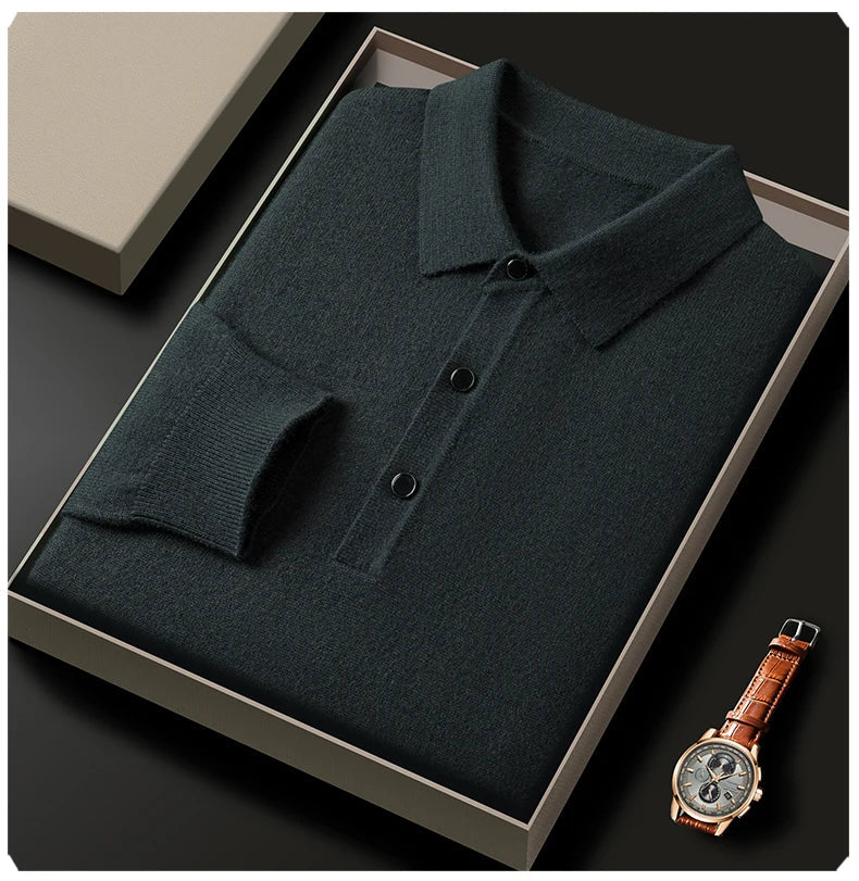 Fashion luxury knitted long sleeve polo shirt men's autumn new trend simple solid color soft skin friendly comfort lapel sweater