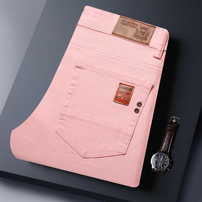 2025 Autumn Men's Elastic Colorful Jeans Breathable Casual  Straight Fitted Solid Color Denim Pants Korean Fashion Trousers