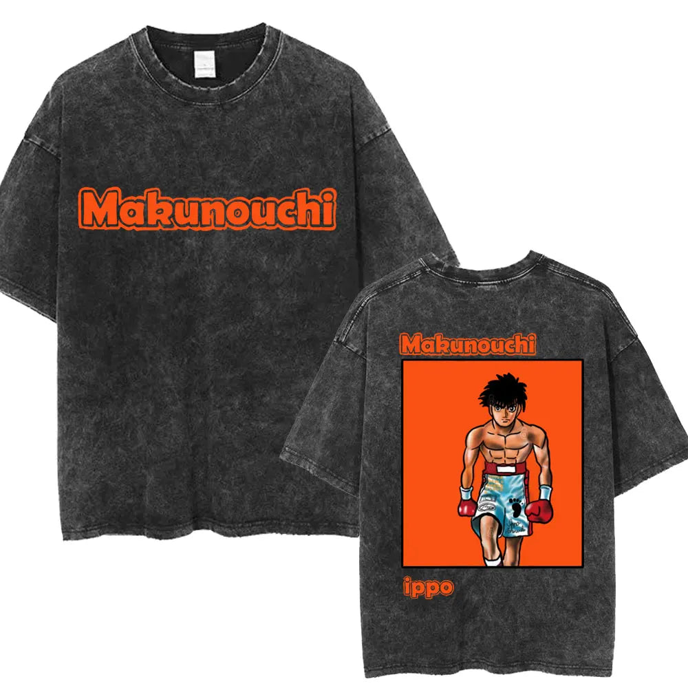 Anime Hajime No Ippo Washed Vintage T-shirt Kamogawa Boxing Gym Harajuku T-shirts Makunouchi Takamura KGB Loose Cotton T Shirt