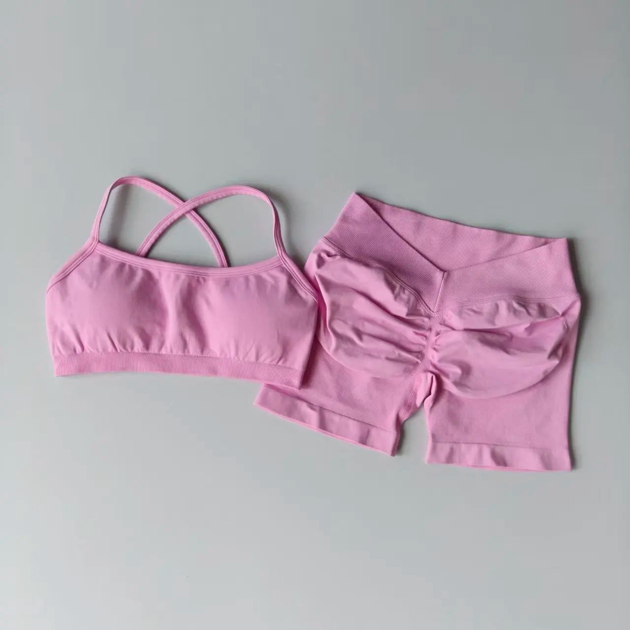 Seamless 2PCS Leggings Set Women Seamless Yoga Set High Waist Scrunch Butt Shorts With Halter Sports Bras Workout Gym Suit Set