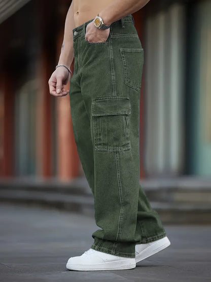Men's Deep Blue Washed Denim Workwear Jeans Casual Multiple Pockets Design Loose Wide Leg Trousers Y2K Style Cargo Pants