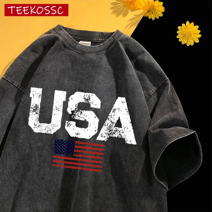 Usa Letter American Flag Printed Washed T-Shirt Men Summer Cotton T Shirts O-Neck Loose Clothes Colour Unisex Short Sleeve