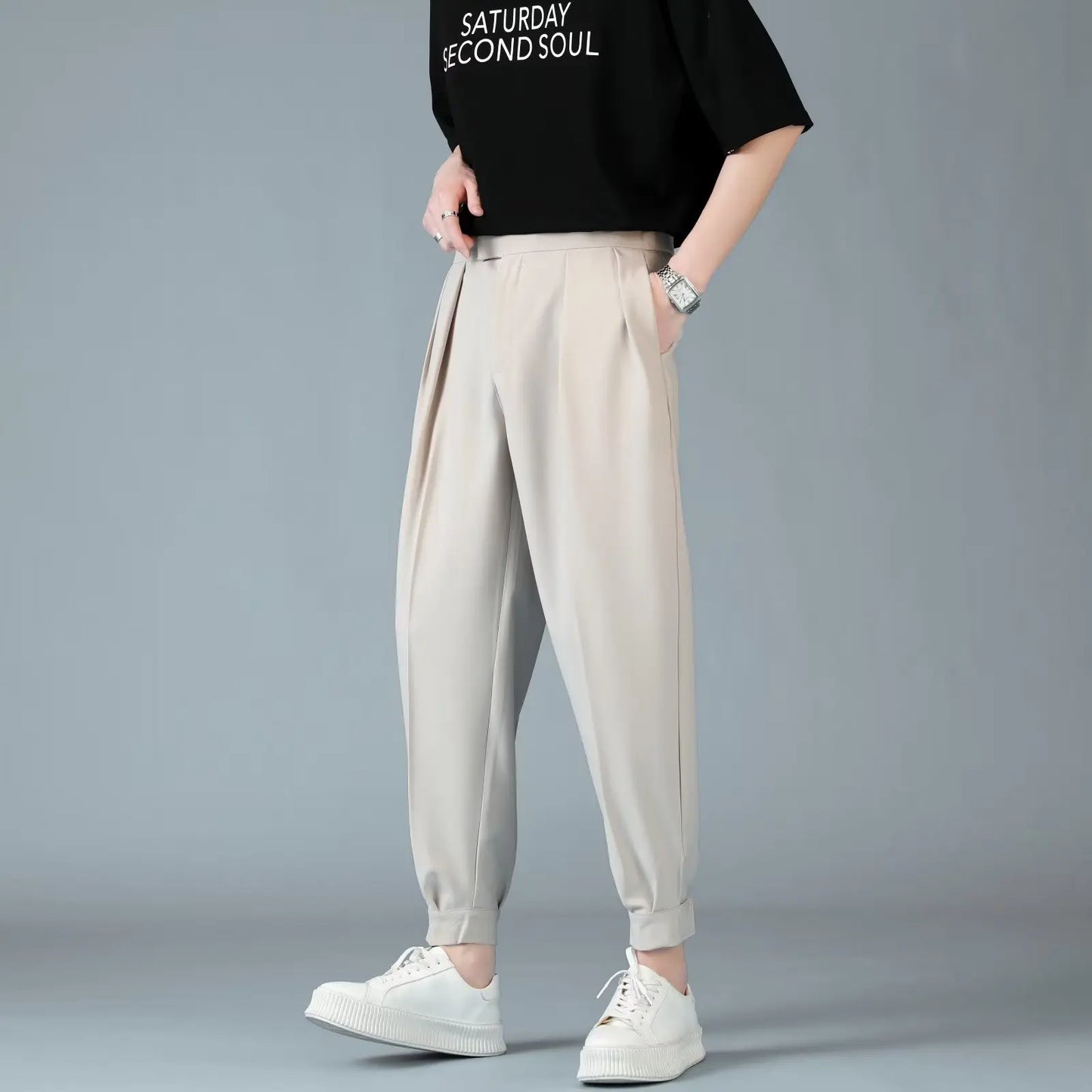 Pleats Men's Casual Harem Pants Japanese Style Fashion Loose Pants Harajuku Male Feet Solid Color Youth Trousers Streetwear