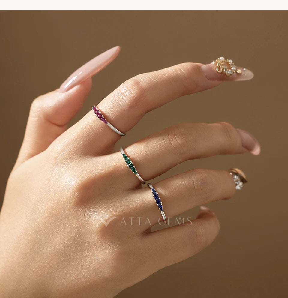 S925 Silver Ruby Women Ring Sapphire Men's Ring Minimalist Graduated Emerald Stackable Band May Birthstone Jewelry Gift