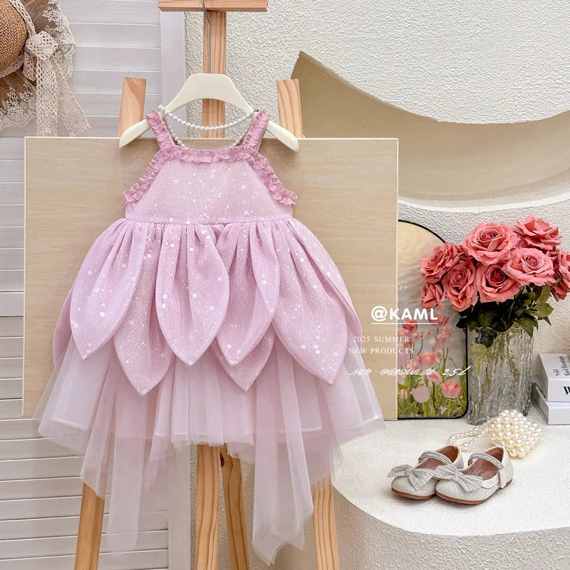 Girls Dress 2025 Summer New Flower Fairy Princess Strap Dress Super Fairy Children Birthday Princess Dress