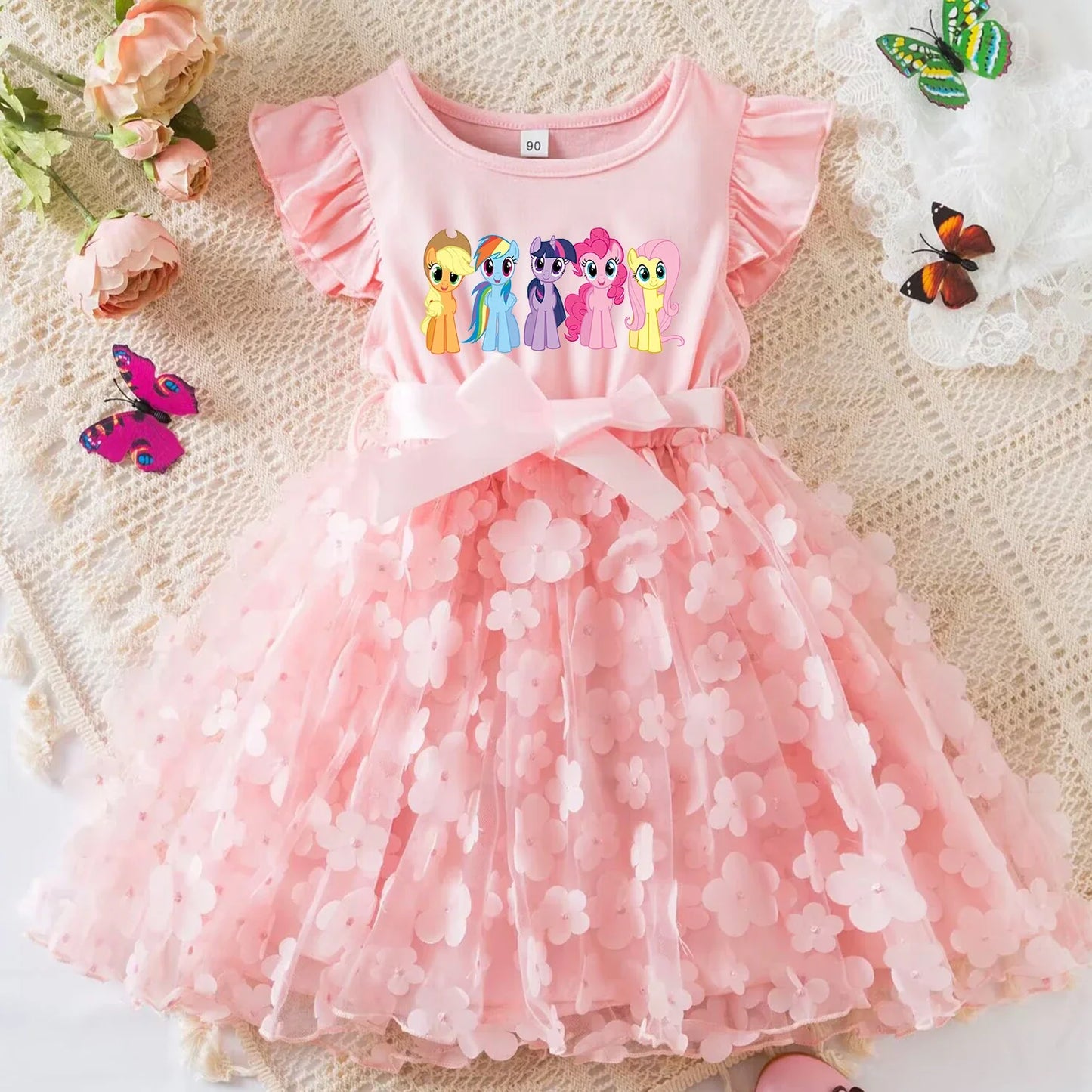My Little Ponys Girls Summer Dress Cartoon Bow Tutu Dress 3D Butterfly Cotton Party Casual Dress for Baby 2-6Y