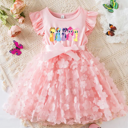 My Little Ponys Girls Summer Dress Cartoon Bow Tutu Dress 3D Butterfly Cotton Party Casual Dress for Baby 2-6Y