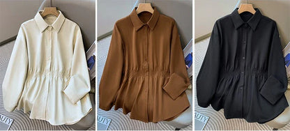 2026 Women's Plus Size Blouse Korean Style Spring Autumn Loose Elegant Casual Mid-length Tops Long Sleeved Waist Cinching Shirts