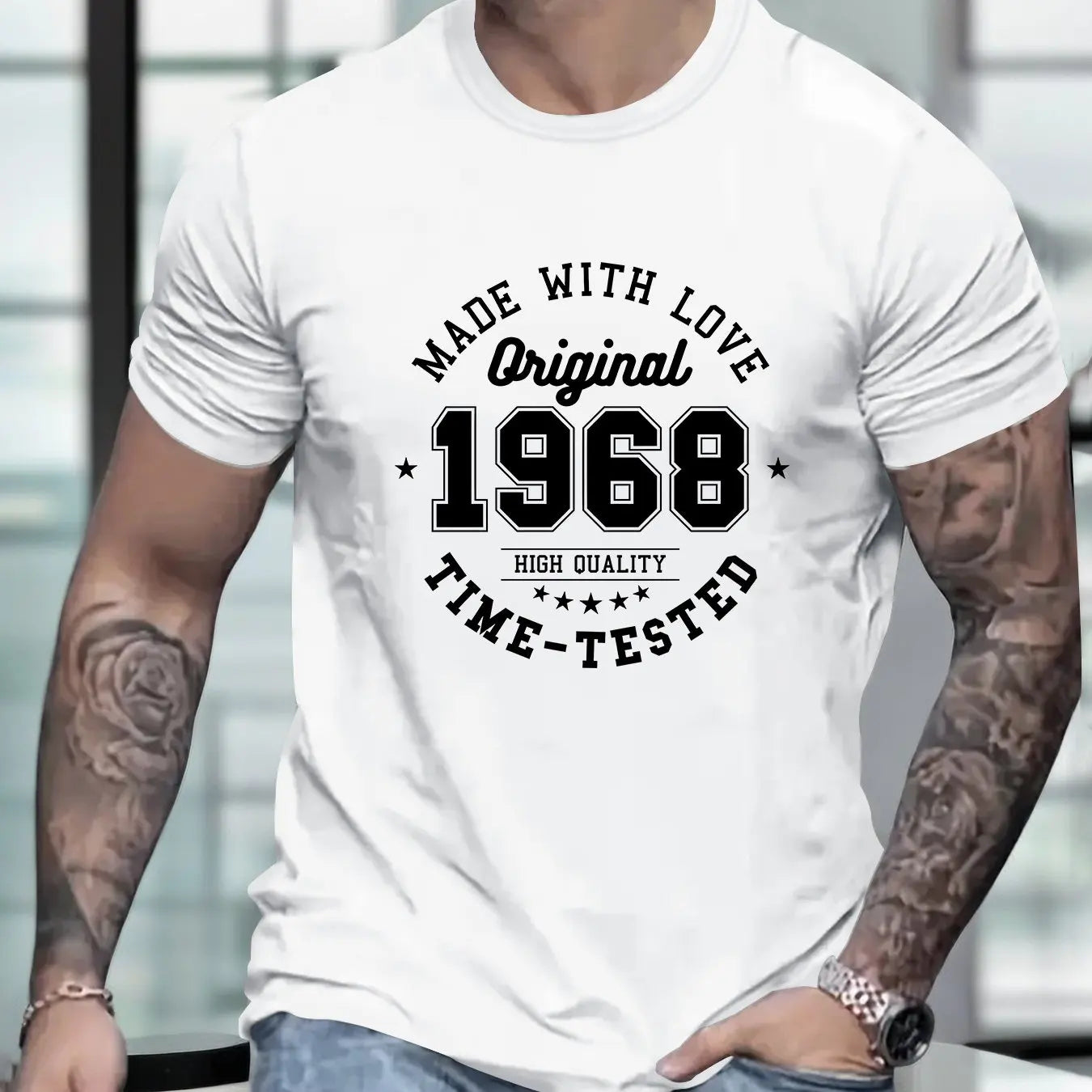 Men's summer 100% cotton MADE MITH LOVE 1968 printed fashionable casual sports loose round neck short sleeved T-shirt top