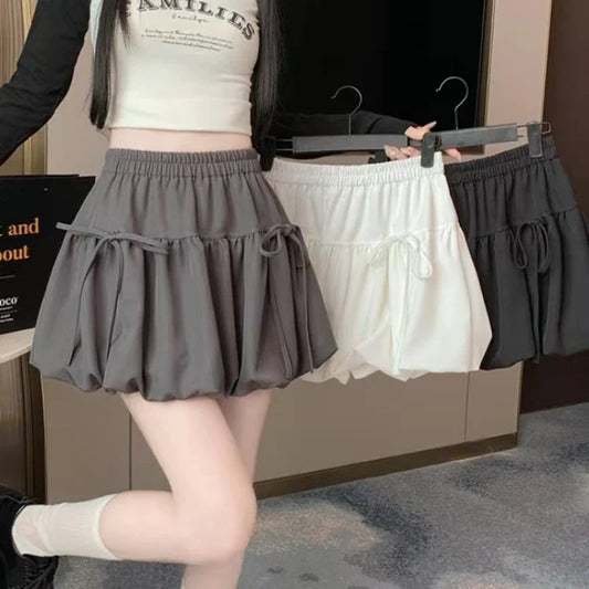 Summer Ballet Style Bow A-Line Women's Mini Skirts High Elastic Waist Tie Pleated Bud Balloon Skirt