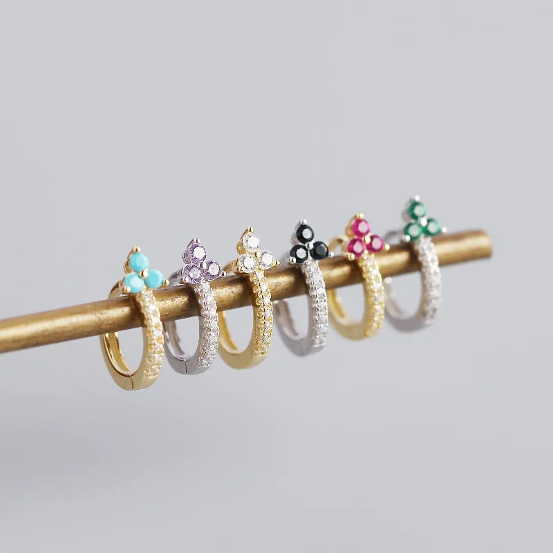 925 Sterling Silver Romantic Color Zircon Three-petal Flower Stud Earrings for Women Fashion Huggies Piercing Jewelry
