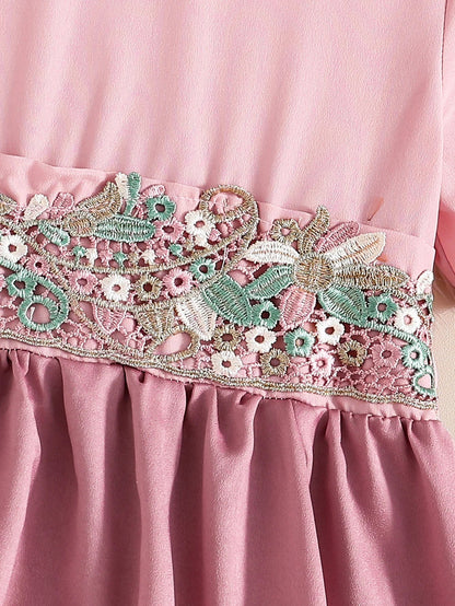 Summer Retro Elegant Girls' Waist Decal Round Neck Zipper Short Sleeved Solid Color Medium Long Dress