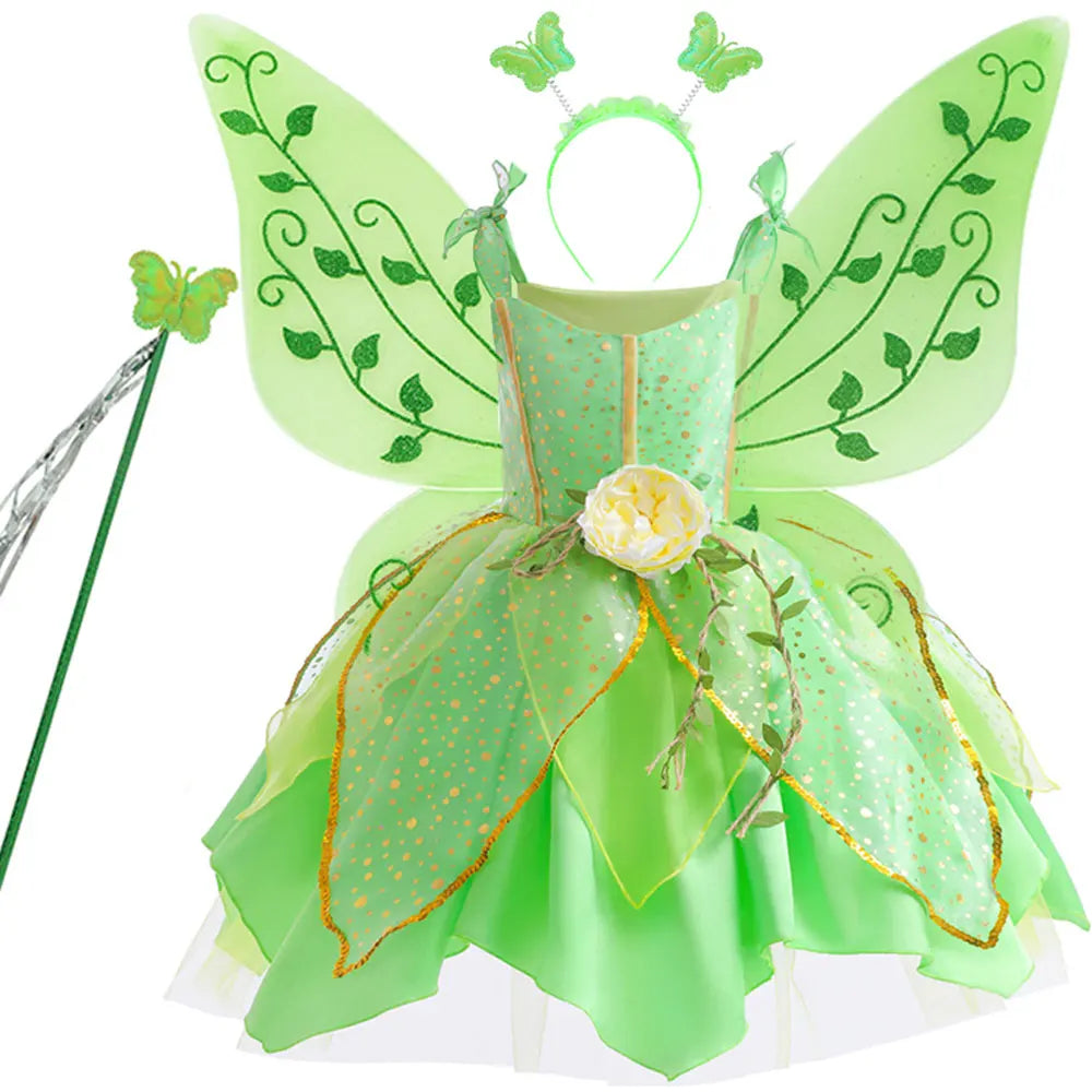 Elf Movie Tinker Bell Girls Play Fairy Dress Green Suspender Skirt With Wings and Flower Christmas Gift for Girls
