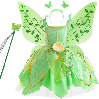 Elf Movie Tinker Bell Girls Play Fairy Dress Green Suspender Skirt With Wings and Flower Christmas Gift for Girls