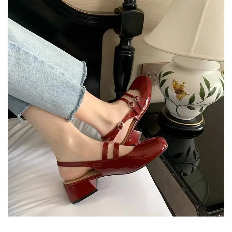 2025 Burgundy Mary Janes Square-Toe Double-Buckle Patent Leather Chunky Heel Shoes with Jean Styling