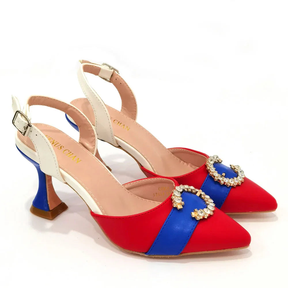 Italian Design Leather Colorblock Pointed Toe High Heel Women's Sandals Fashion Everyday Matching Shoes and Bag Sets