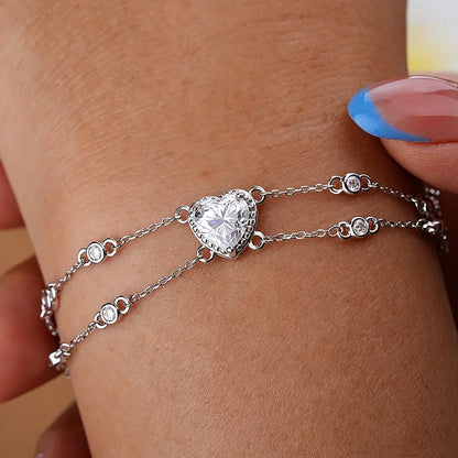 Certified 1.2carat Heart Moissanite Diamond Charm Bracelet with Round Bubble S925 Silver Wrist Chain for Women Fine Jewelry Gift