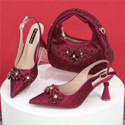 Newest Italian Pumps and Bag To Party INS Style Pointed-Toe Rhinestone Elegant High Heels Champagne Wedge for Women
