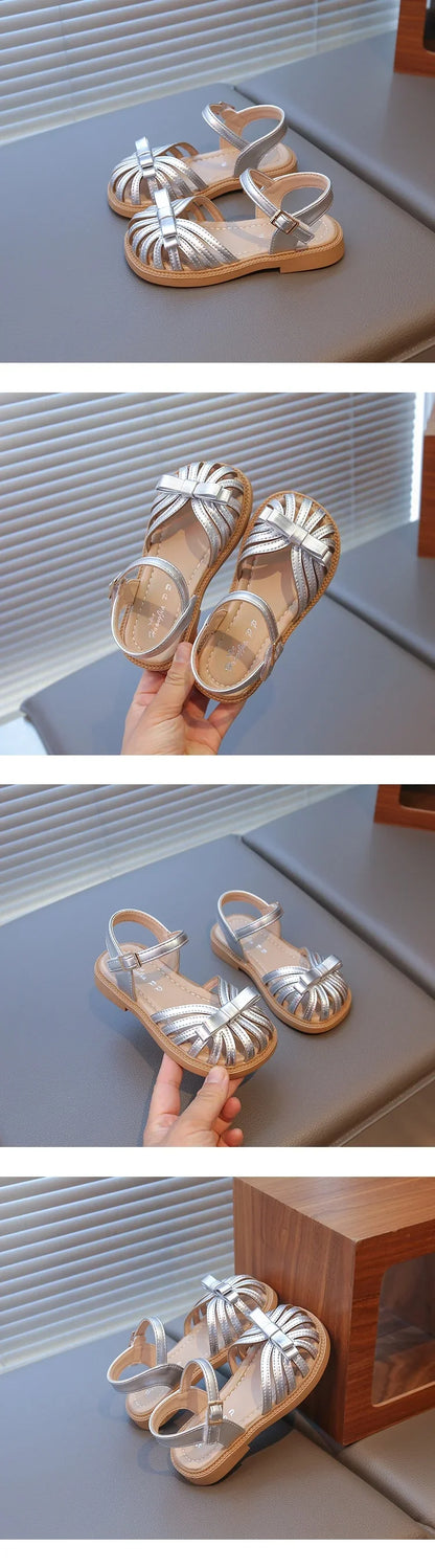 Girls Princess Sandals 2026 Summer Non-slip Toddler Beach Barefoot Shoes with Cute Bow Elegant Retro Girls School Party Shoes