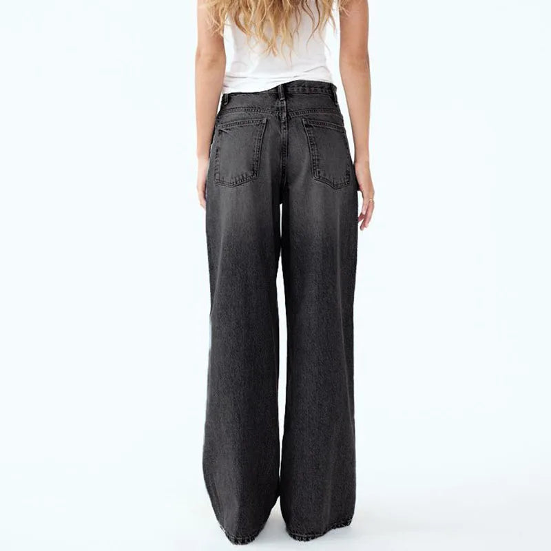 Korean Version Wide Leg Pants With Diagonal Buckle Asymmetrical Street Retro Women'S High Waisted Jeans Loose Casual Pants