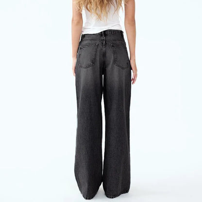 Korean Version Wide Leg Pants With Diagonal Buckle Asymmetrical Street Retro Women'S High Waisted Jeans Loose Casual Pants