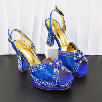 INS New Arrival Colorful Crystral Decoration Design Elegant Mature Party Wedding Peep Toe Ladies High Heels and Bag Set